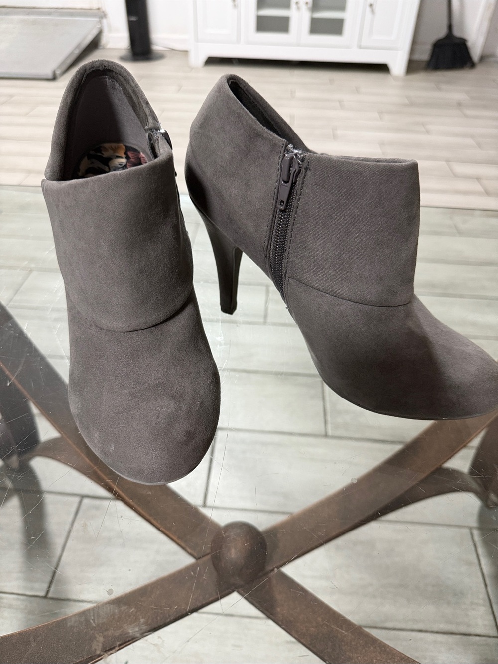 Women's Gray Suede Ankle Booties with Side Zip